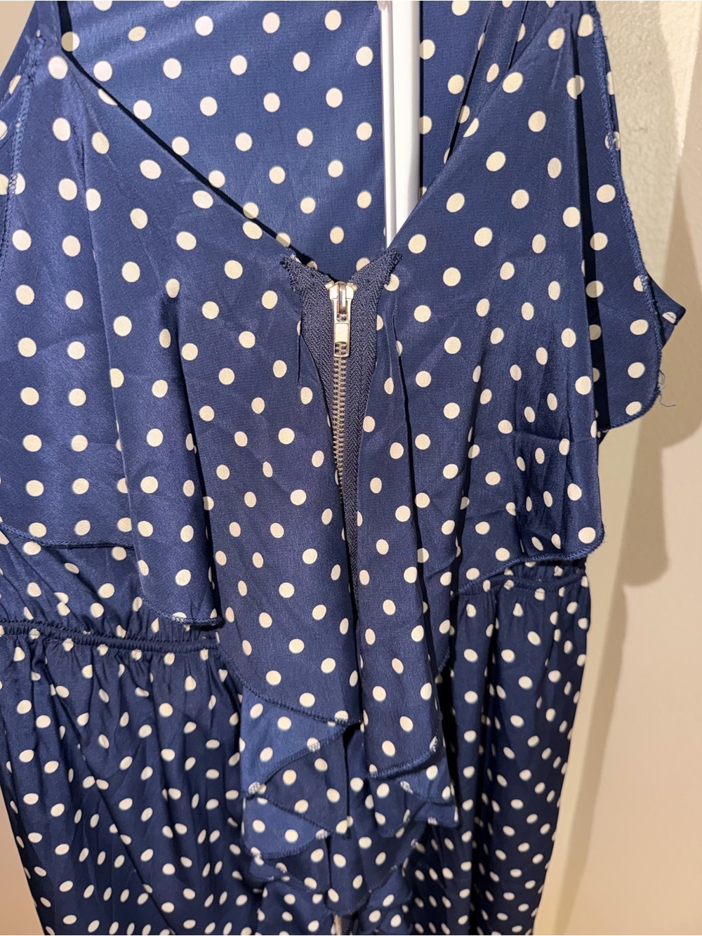 Hello Miss Navy White Polka Dot Ruffle Zip Front Dress L Retro Pinup - Picture 5 of 7